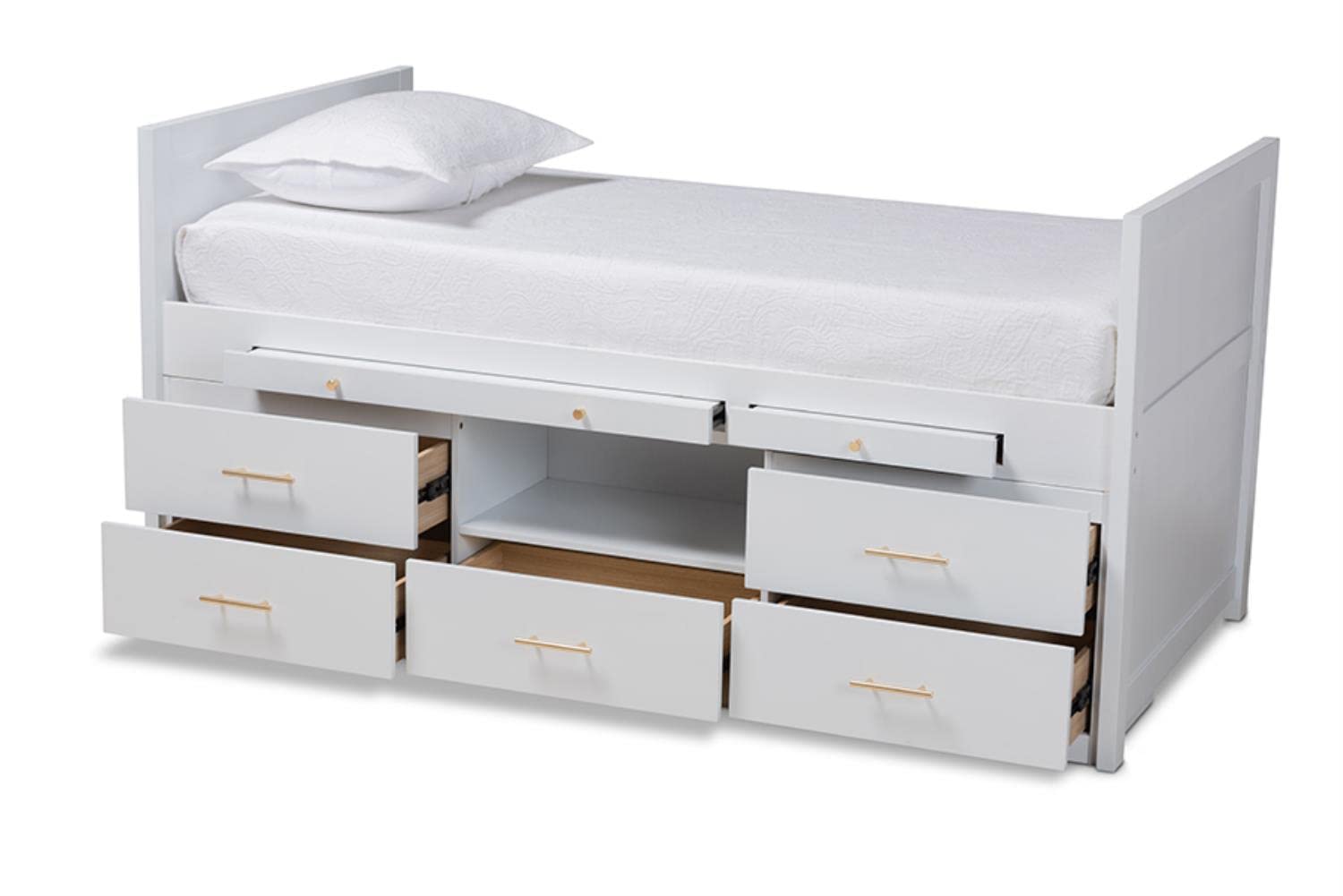 Baxton Studio Mirza Modern and Contemporary White Finished Wood 5-Drawer Twin Size Storage Bed with Pull-Out Desk
