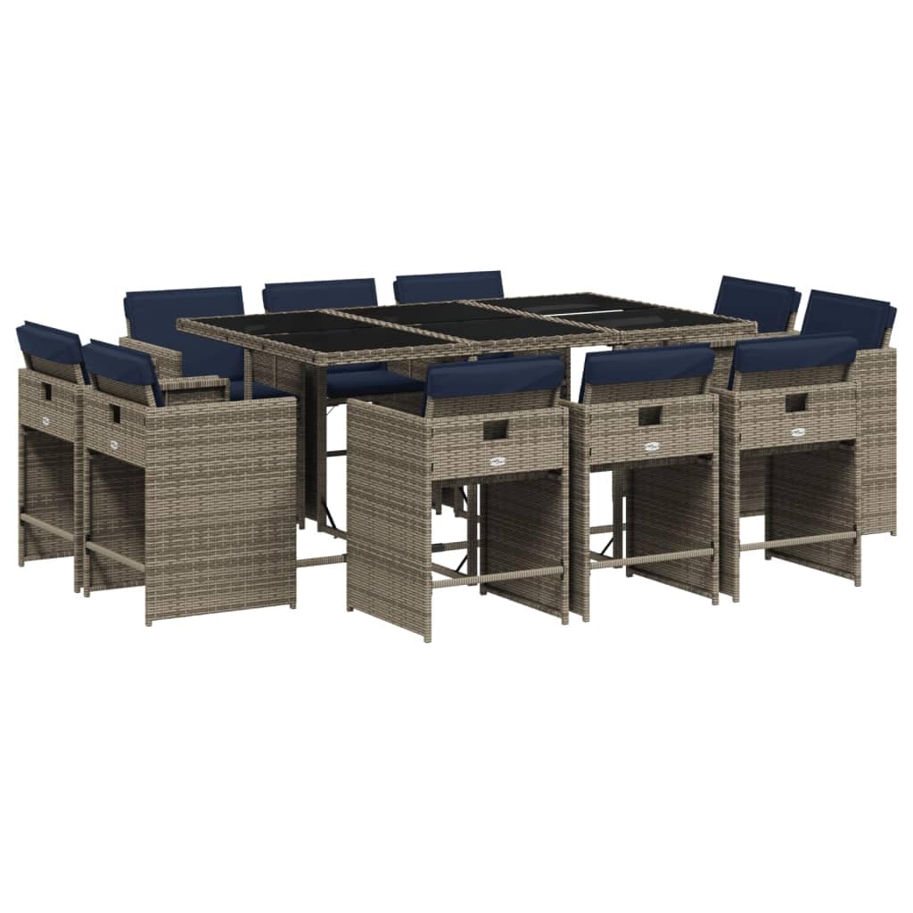 vidaXL Patio Dining Set with Cushions - 11 Piece Gray Poly Rattan Outdoor Garden Furniture - Tempered Glass Tabletop, Navy Blue Cushions - Space-Saving Foldable Chairs