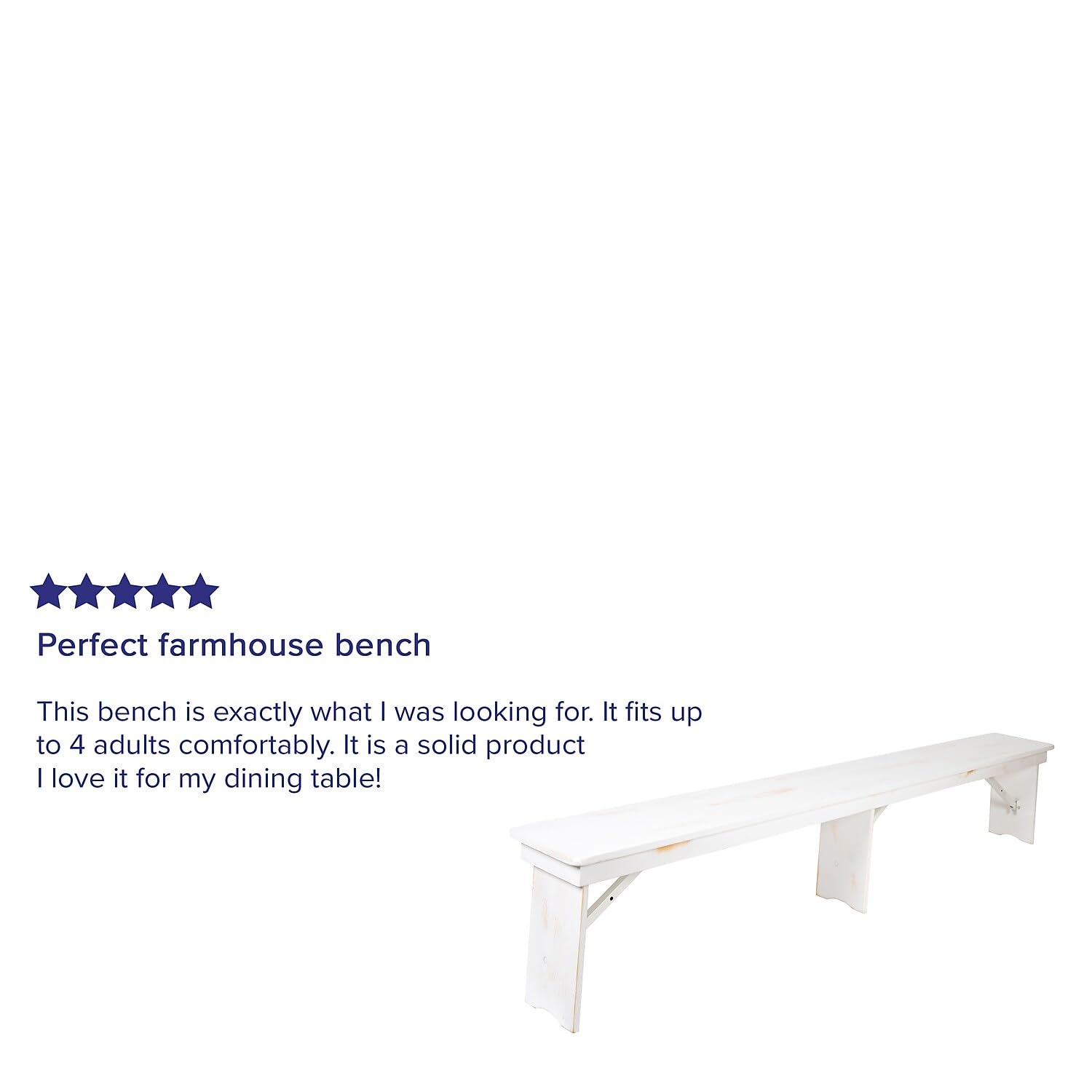Flash Furniture Hercules Commercial Grade Farmhouse 3 Leg Bench - Solid Pine Foldable Bench with Seating for 4 - 8'x12&quot; - Antique Rustic White