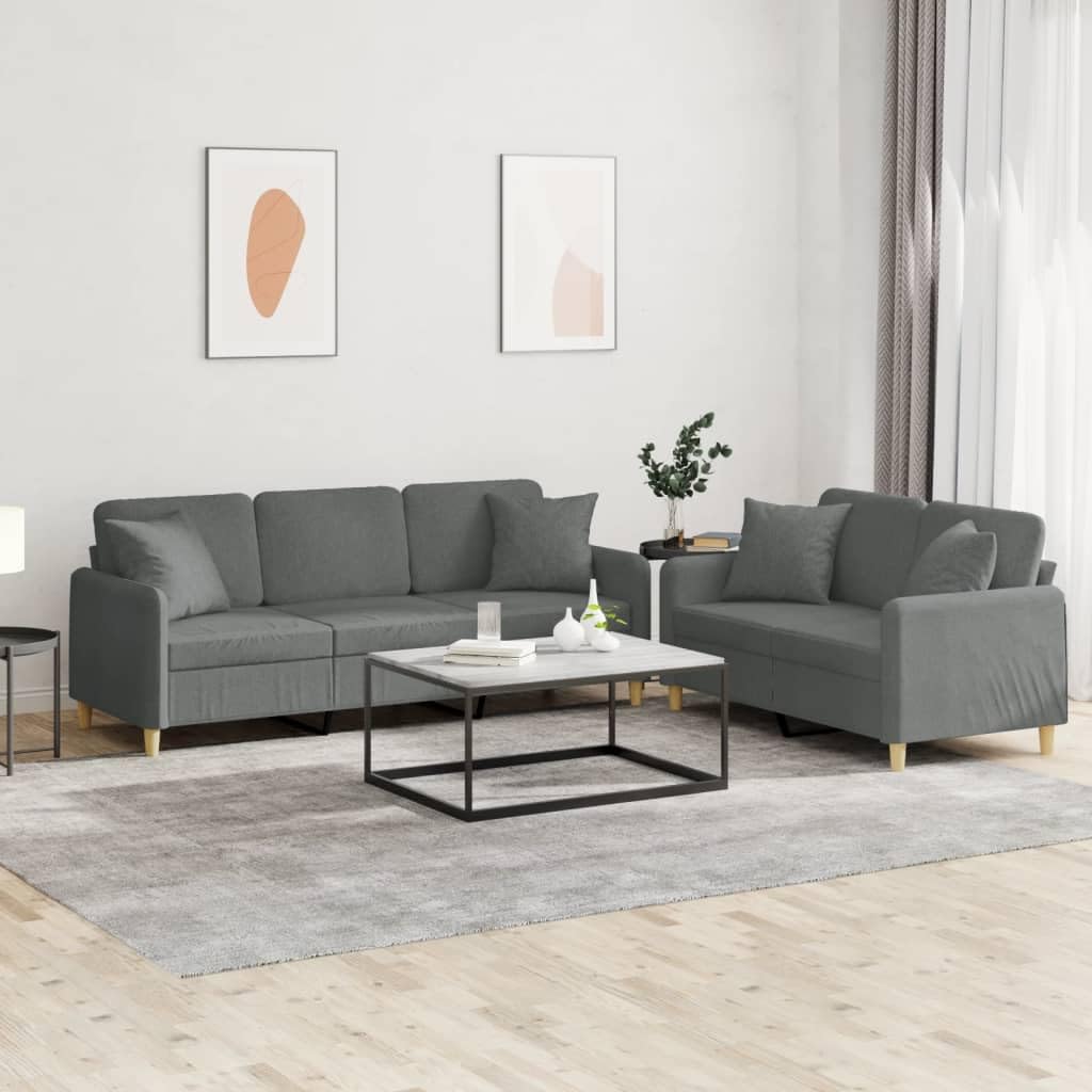 vidaXL Dark Gray Sofa Set - Modern Fabric Loveseat and Couch with Armrests, Comfy Cushions, Pillows Included for Living Room, Office