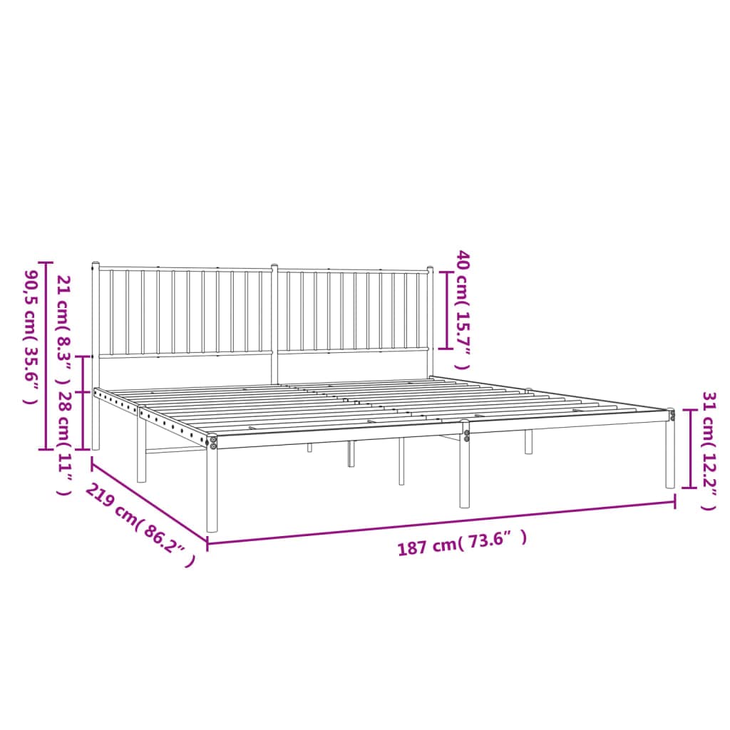 vidaXL Classic Bed Frame with Headboard, Robust Powder-Coated Steel Construction, Extra Under Bed Storage, Elegant Design, Easy Assembly, Black, 72"x83.9"
