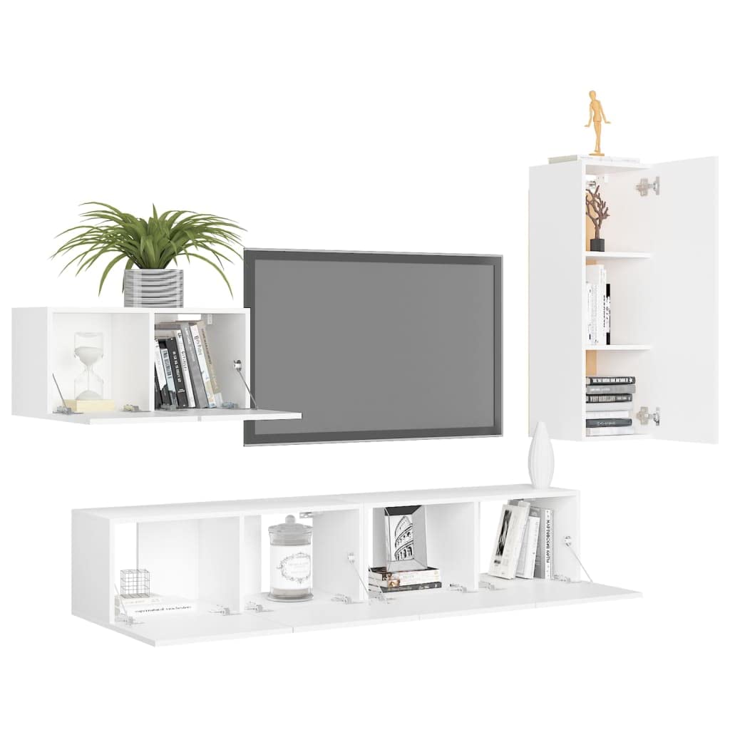 vidaXL TV Cabinet Set 4 Piece Home Living Room Furniture TV Stand HiFi Stereo Cabinet Media Unit Entertainment Center White Engineered Wood