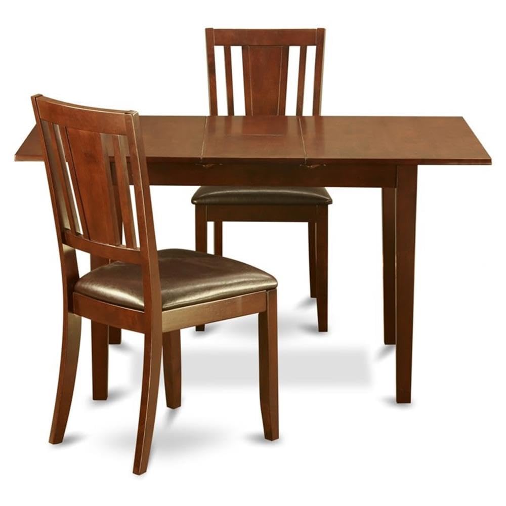 East West Furniture Norfolk 3 Piece Set Contains a Rectangle Dining Room Table with Butterfly Leaf and 2 Faux Leather Upholstered Kitchen Chairs, 32x54 Inch, Mahogany