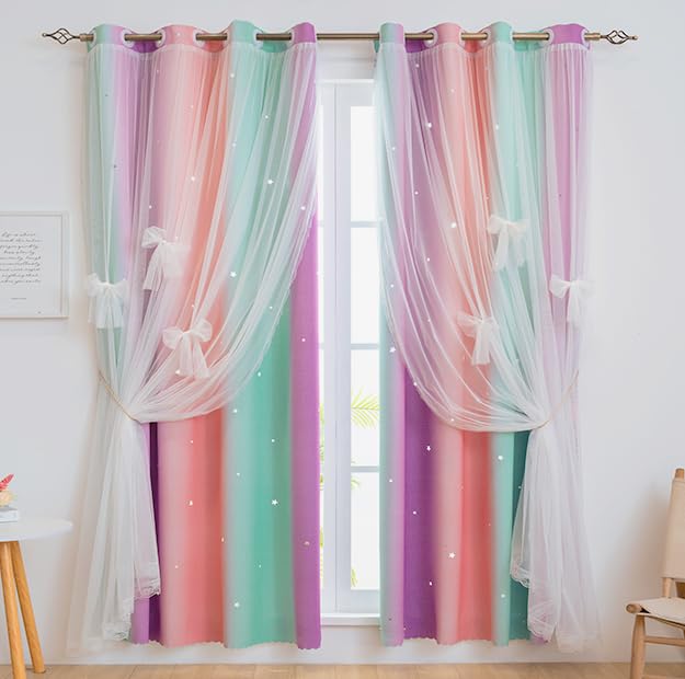 Yancorp Curtains For Girls Bedroom Kids Curtain Hollow-Out Star Window Nursery Curtain 63 Inches Length Room Darkening Grommet 2 Layers (Green Pink Purple, W34 X L63)