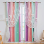 Yancorp Curtains For Girls Bedroom Kids Curtain Hollow-Out Star Window Nursery Curtain 63 Inches Length Room Darkening Grommet 2 Layers (Green Pink Purple, W34 X L63)