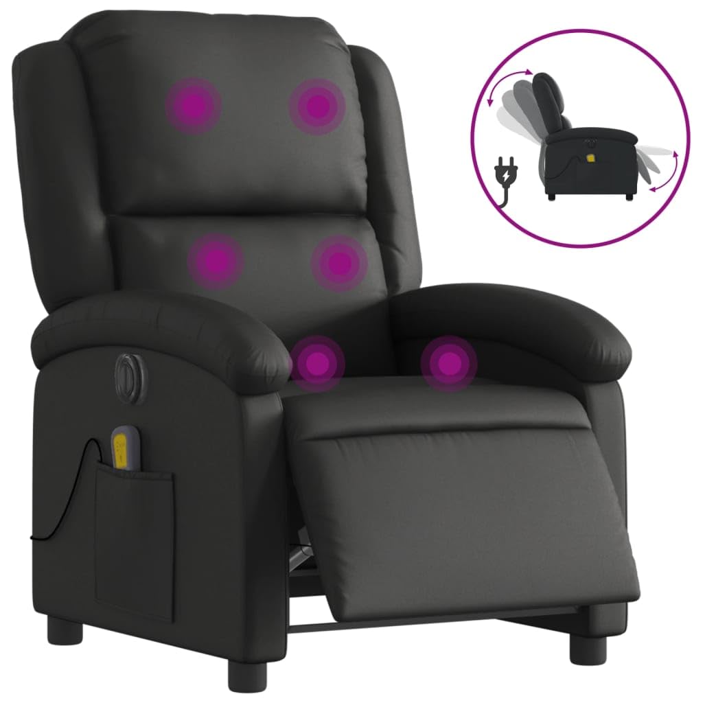 vidaXL Electric Massage Recliner Chair - Black Real Leather Wingback Armchair with Vibration Function for Living Room