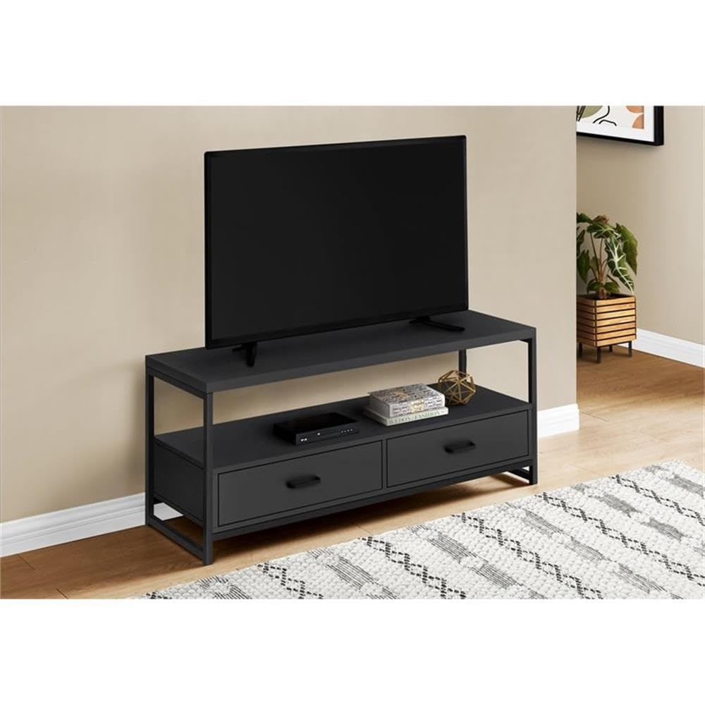 Monarch Specialties 2870 Tv Stand, 48 Inch, Console, Media Entertainment Center, Storage Drawers, Living Room, Bedroom, Laminate, Metal, Black, Contemporary Stand-48, 47.25&quot; L X 15.5&quot; W X 19.75&quot; H