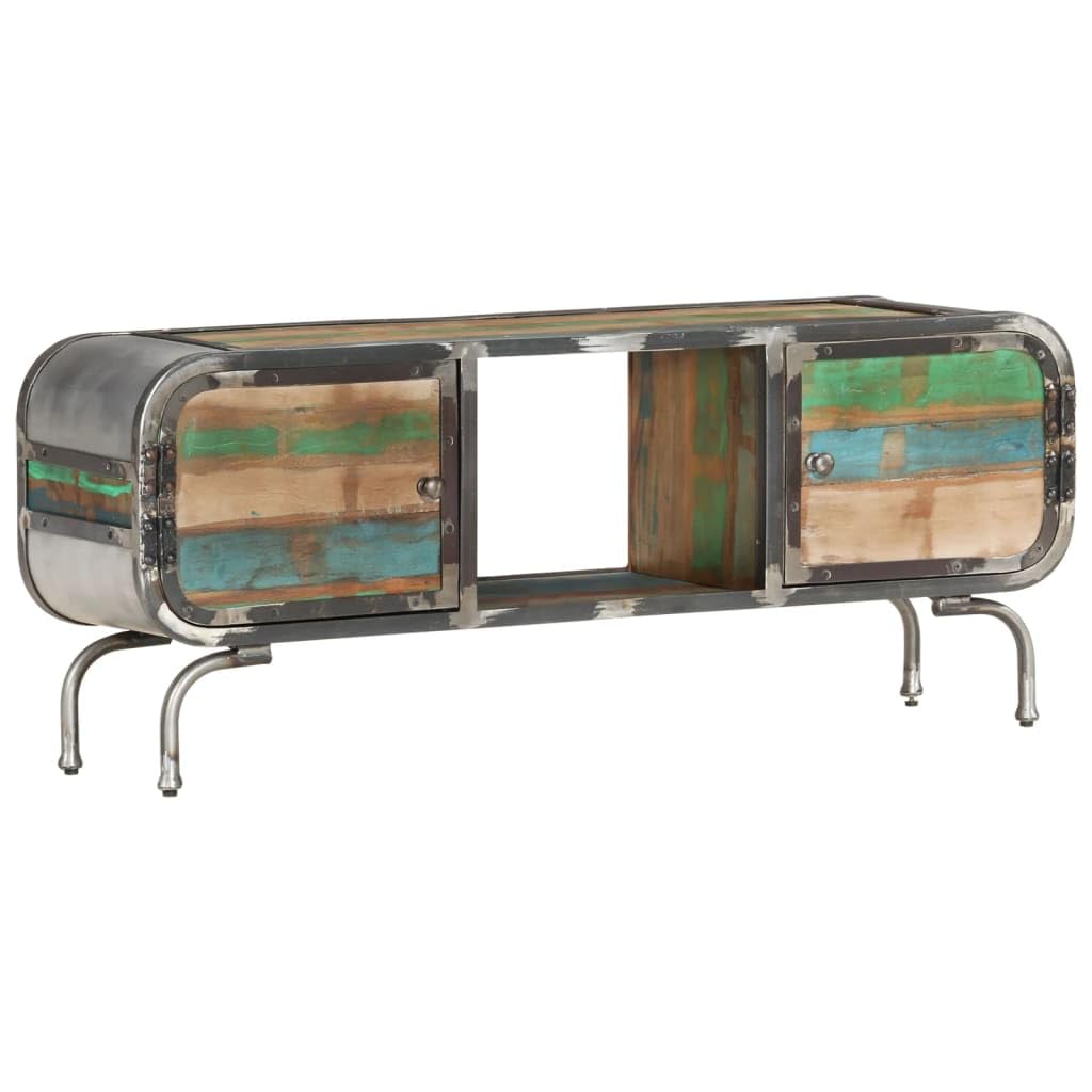 vidaXL Multicolor 43.3&quot;-Wide TV Stand with Mixed Color Finish, Solid Reclaimed Wood and Iron, Handmade, Environmentally Friendly, 2 Doors and 1 Shelf for Storage