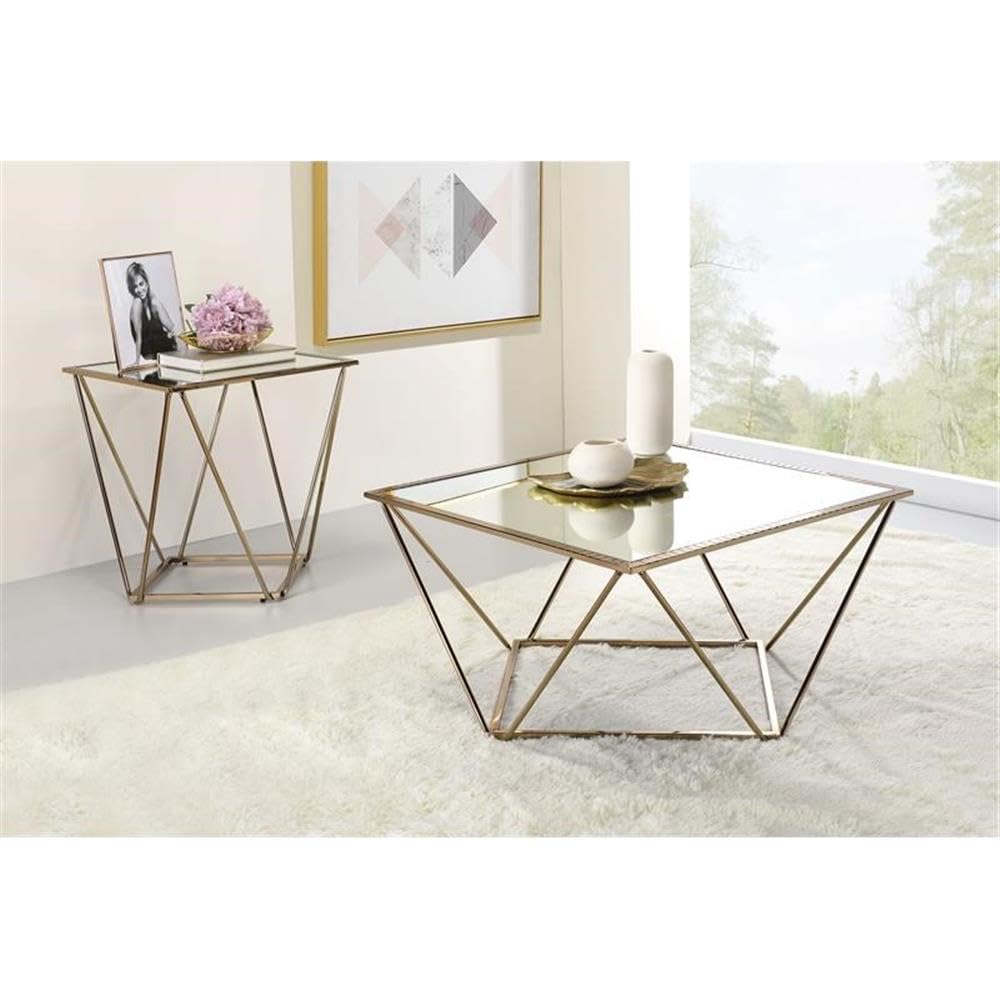 Acme Fogya Square Glass Top End Table In Mirrored And Champagne Gold