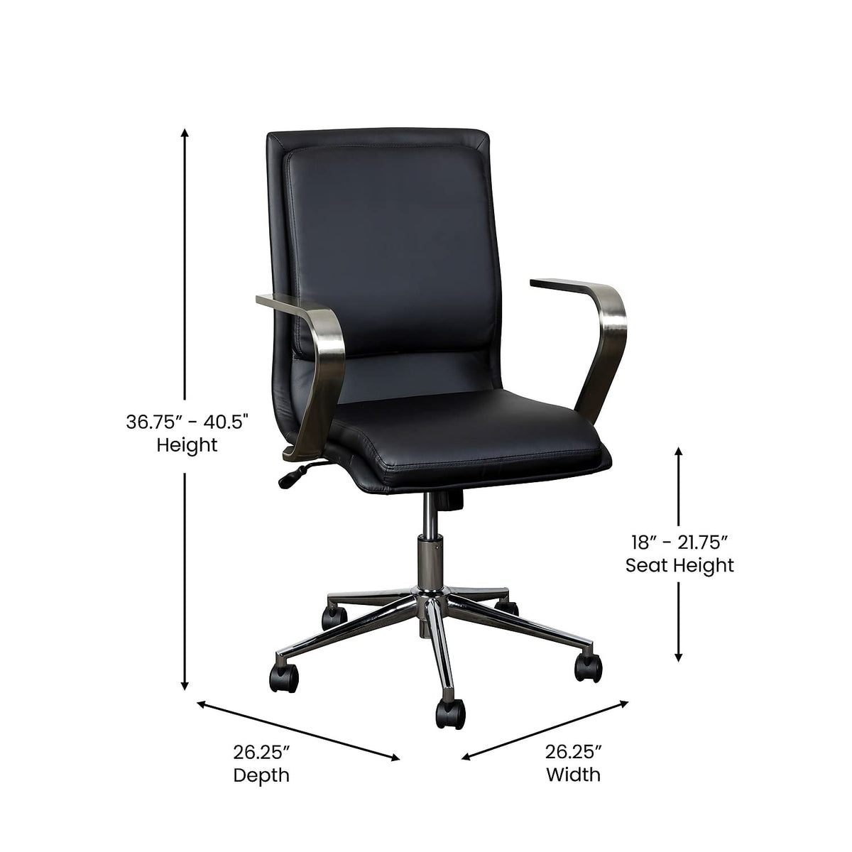 Flash Furniture James Mid-Back Designer Executive Office Chair - Black LeatherSoft Upholstery - Brushed Chrome Base and Arms - Height Adjustable 360° Swivel Seat