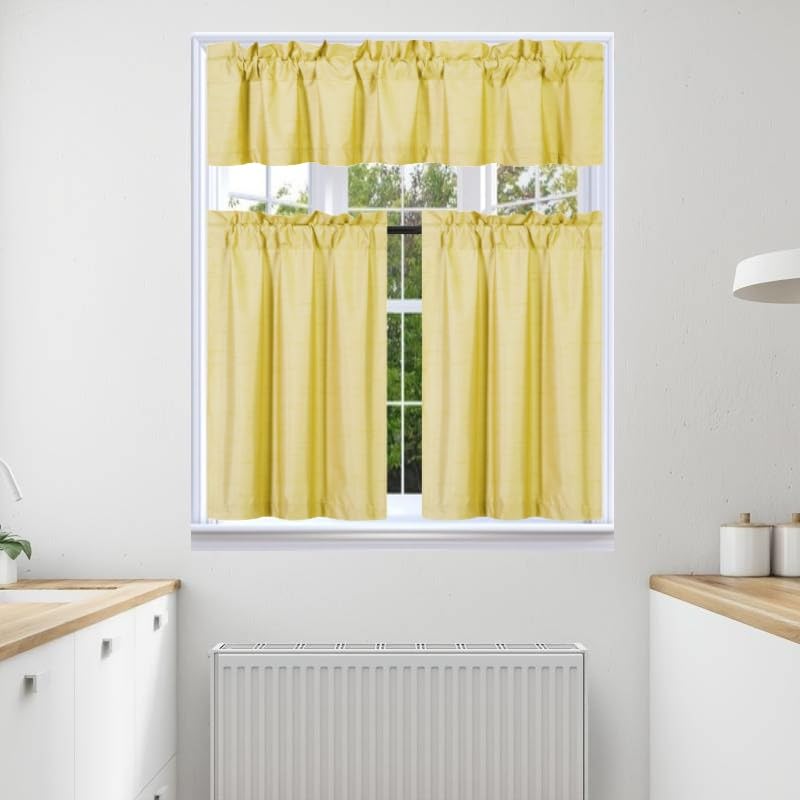 3Pc Set Solid Faux Silk Lined Blackout Rod Pocket Small Kitchen Window Curtain With Valance (K3) (Yellow)