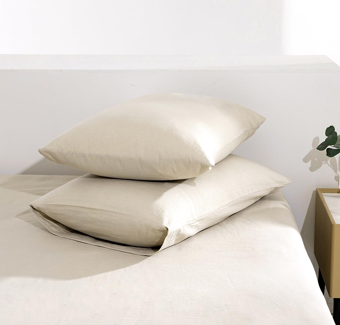 Tumei 100% Linen Pillow Cases Queen, Set Of 2 Queen Size Linen Bed Pillow Shams Cover Washed Solid Color Natural Flax Soft Breat