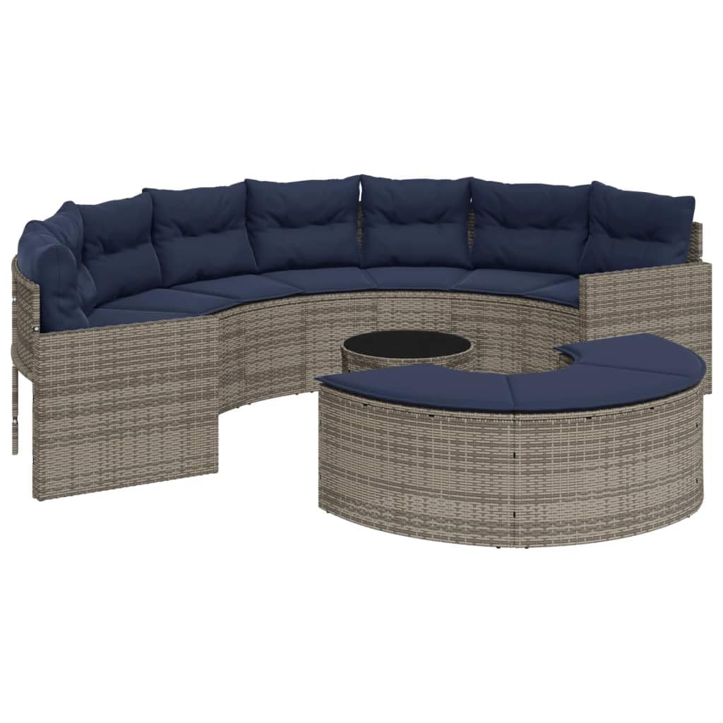 vidaXL Patio Sofa Set - 3 Piece Half-Round Garden Furniture - Durable Gray Poly Rattan Outdoor Seating with Navy Cushions and Tempered Glass Table