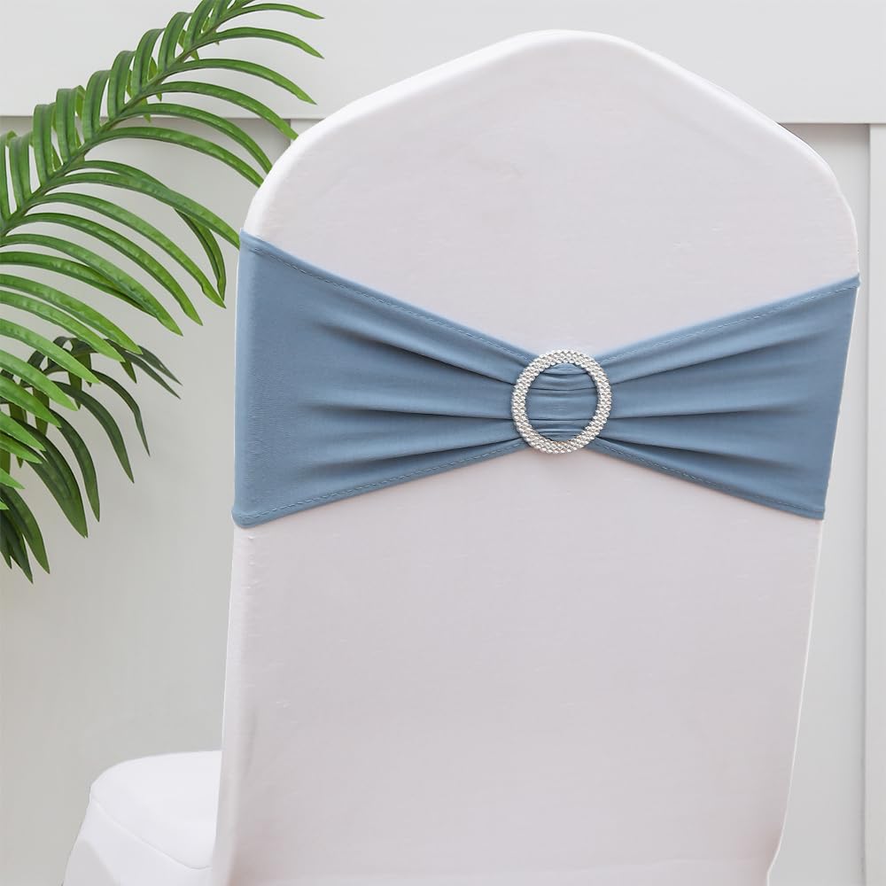 Gankar 50Pcs Dusty Blue Chair Sashes For Wedding Ceremony, Elastic Chair Bands Bows For Party Banquet Theme Hotel Restaurant Eve