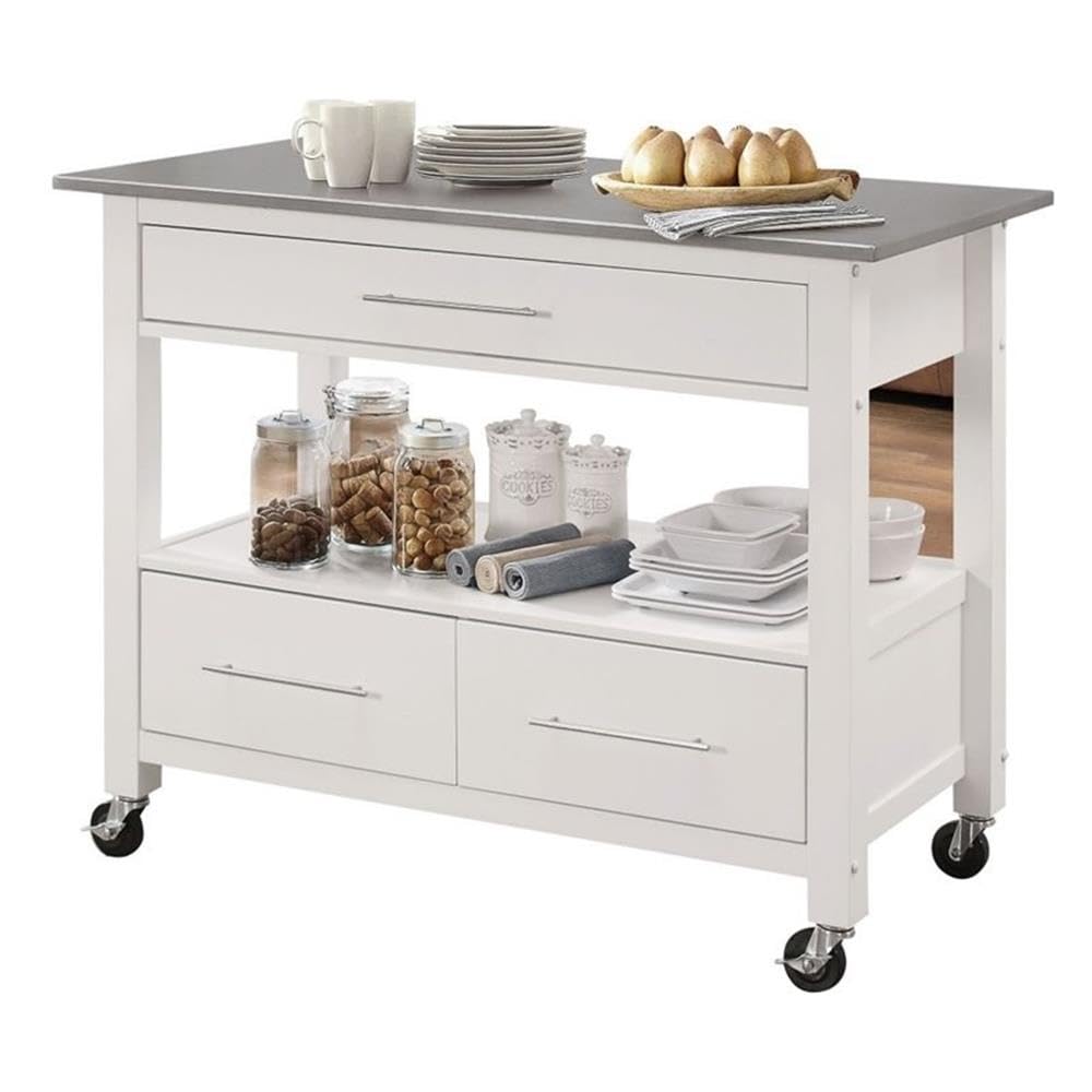 Acme Ottawa 3-Drawer Stainless Steel Top Wooden Kitchen Island in White