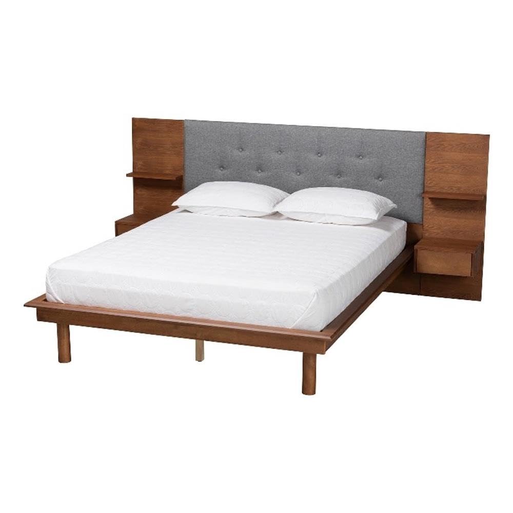Baxton Studio Eliana Mid-Century Modern Transitional Grey Fabric And Ash Walnut Finished Wood Queen Size Platform Storage Bed With Built-In Nightstands