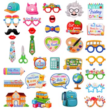 Qpout 35pcs Novelty Back to School Photo Booth Props for Kids,First Day of School Party Supplies Kit,School Bus Photo Prop,Welco