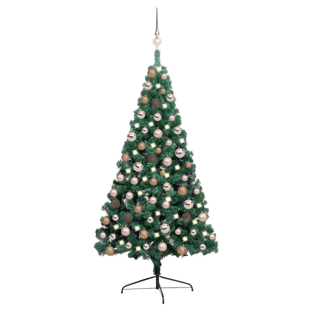 vidaXL 47.2&quot; Half Pre-lit PVC Christmas Tree with LED Lights and Decorations - Green and Gold Xmas Tree Set