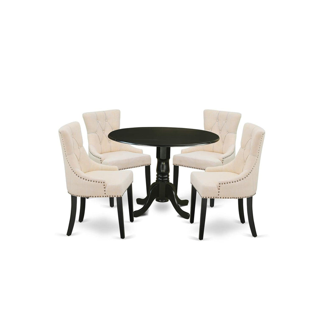 East West Furniture Dlfr5-Blk-02 Nook Kitchen Table Set - 4 Parson Dining Room Chairs With Light Beige Linen Fabric Seat And Button Tufted Back - Drop Leaves Pedestal Kitchen Table (Black Finish)