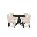 East West Furniture Dlfr5-Blk-02 Nook Kitchen Table Set - 4 Parson Dining Room Chairs With Light Beige Linen Fabric Seat And Button Tufted Back - Drop Leaves Pedestal Kitchen Table (Black Finish)