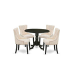 East West Furniture Dlfr5-Blk-02 Nook Kitchen Table Set - 4 Parson Dining Room Chairs With Light Beige Linen Fabric Seat And Button Tufted Back - Drop Leaves Pedestal Kitchen Table (Black Finish)