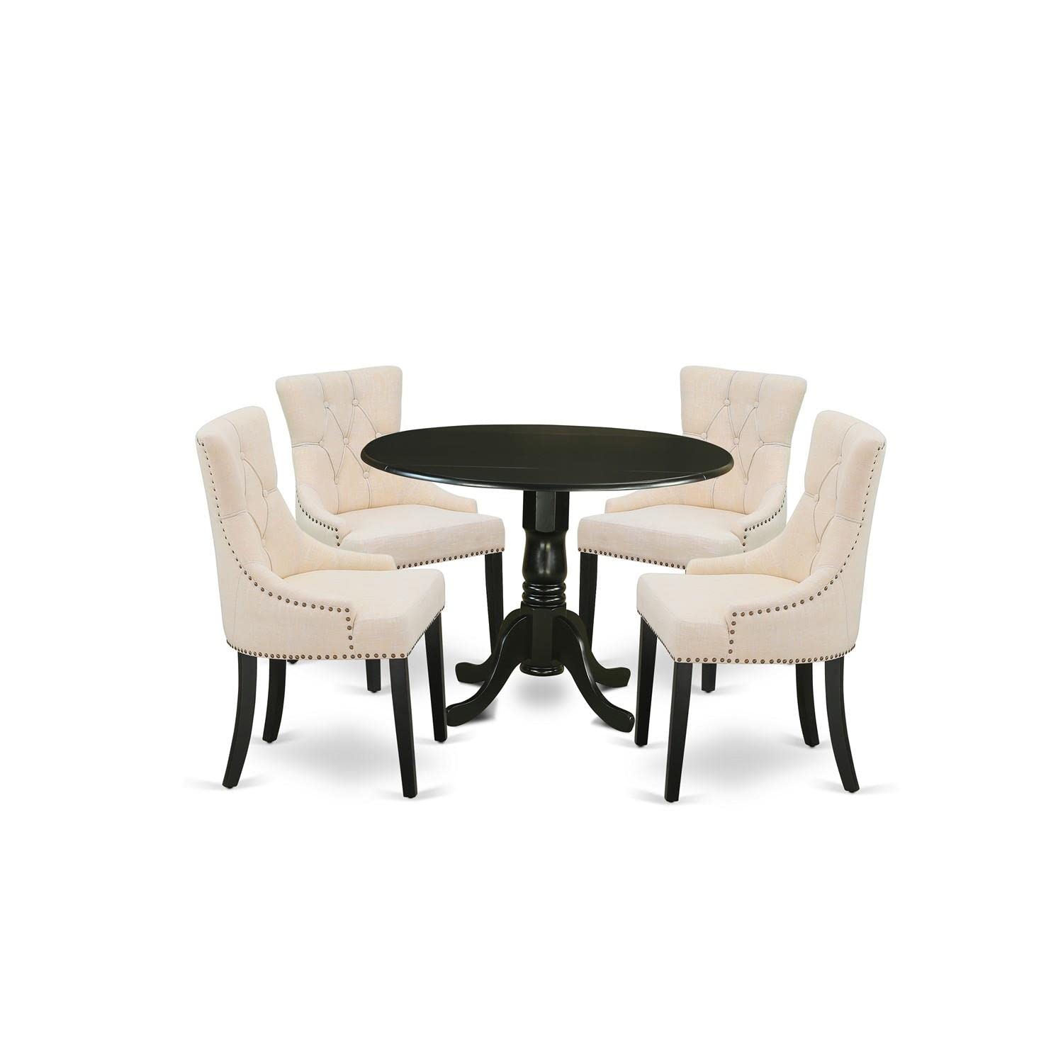 East West Furniture Dlfr5-Blk-02 Nook Kitchen Table Set - 4 Parson Dining Room Chairs With Light Beige Linen Fabric Seat And Button Tufted Back - Drop Leaves Pedestal Kitchen Table (Black Finish)