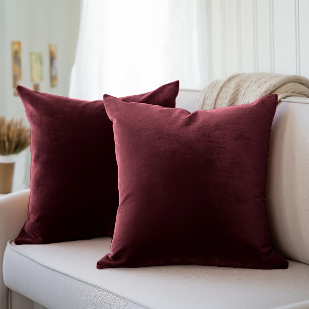 Encasa Velvet Throw Pillow Cover Set Of 2 Maroon 20'X20' / 50X50 Cm Solid Plain Dyed Soft & Smooth Pillowcase No Insert, Squar
