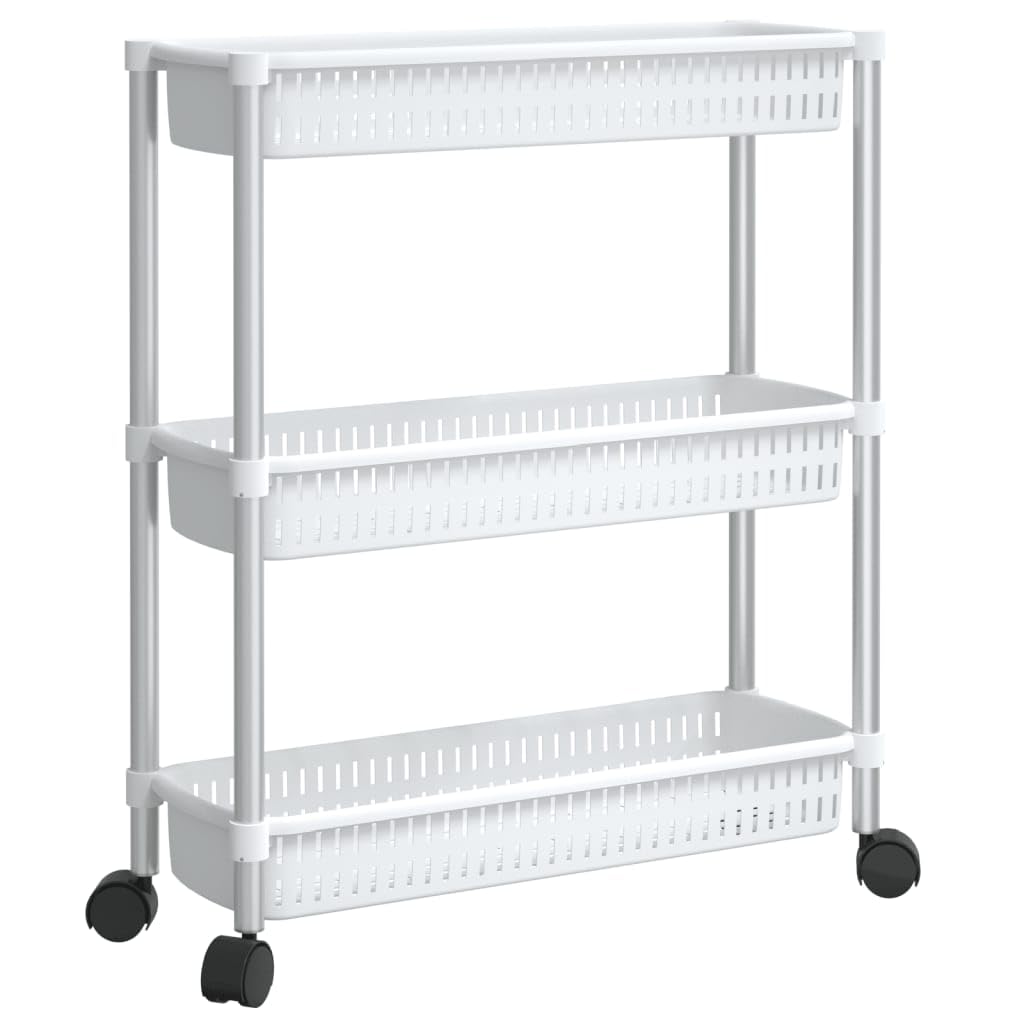 vidaXL 3-Tier Multifunctional Storage Trolley - Durable Aluminum Frame, Portable Organizer Cart with 4 Wheels for Bedroom, Bathroom, Kitchen, and Study - Silver and White