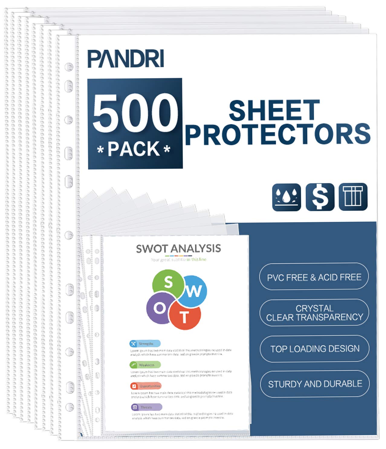 Sheet Protectors, Pandri 500 Pack Clear Heavy Duty Plastic Page Protectors Sheet Reinforced 11-Hole Fit For 3 Ring Binder Fits S
