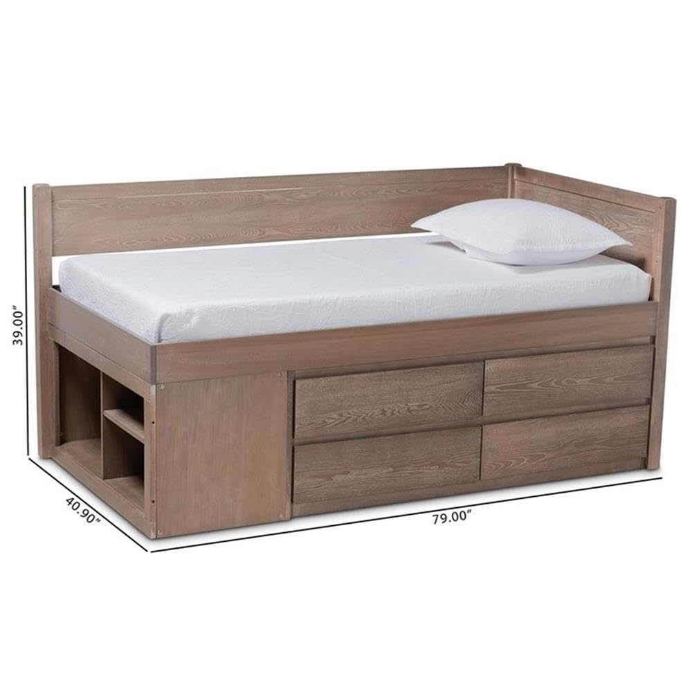 Baxton Studio Levon Modern and Contemporary Antique Oak Finished Wood 4-Drawer Twin Size Storage Bed