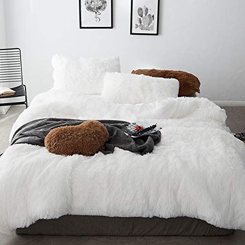 Morromorn 5 Pcs Shaggy Duvet Cover Bedding Set - Long Faux Fur Luxury Ultra Soft (White, Full/Queen)