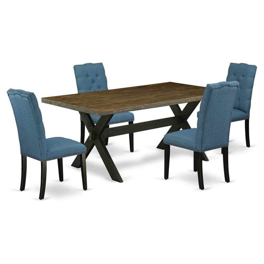 East West Furniture X677El121-5 5 Piece Modern Dining Table Set Includes A Rectangle Wooden Table With X-Legs And 4 Blue Linen Fabric Upholstered Chairs, 40X72 Inch, Multi-Color
