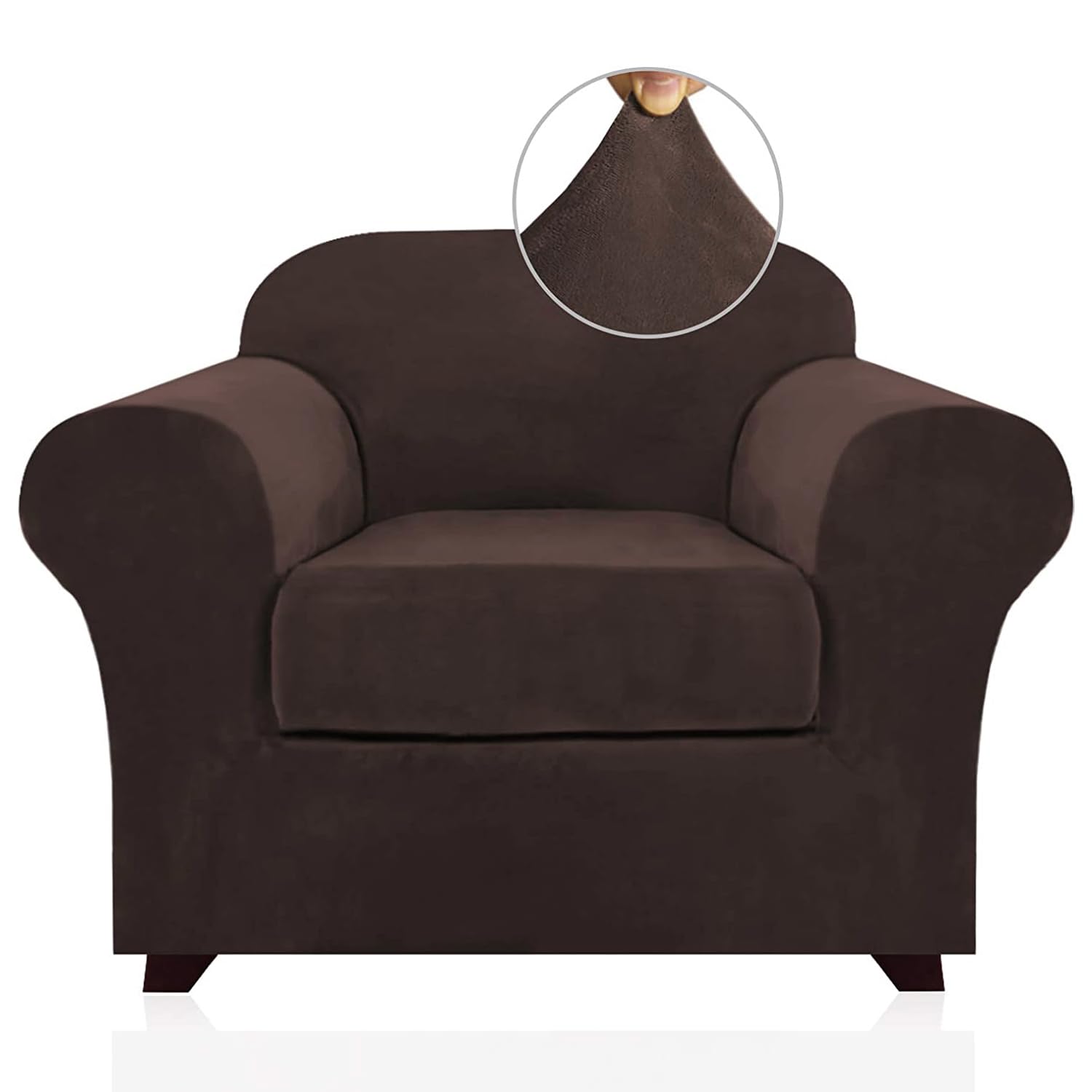 Princedeco 2 Piece Chair Cover Velvet Chair Slipcovers Soft Armchair Cover Furniture Protector With Arms Width Up To 49 Inch Chair Sofa Cover With Individual Cushion Covers(Small, Brown)