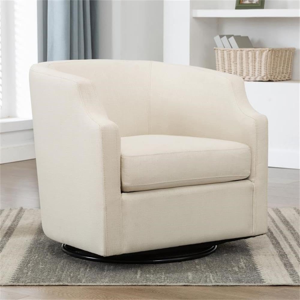 Comfort Pointe Infinity White Linen Fabric Upholstered Modern Swivel And Rocker Barrel Chair