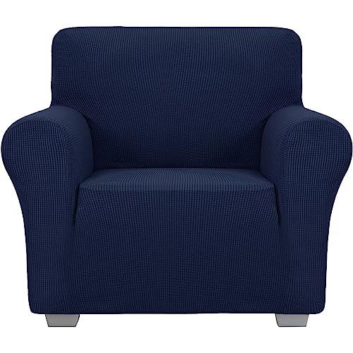 Jiviner Super Stretch Chair Slipcovers With Arms 1-Piece Jacquard Small Checks Living Room Armchair Covers Soft Anti Slip Sofa Couch Furniture Protector For Kids Pets (Navy Blue, Chair)