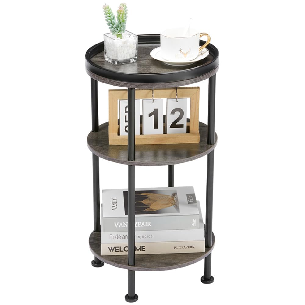 Grey Modern 3-Tier Round Accent Table - Slim Corner Table for Small Spaces, Living Room or Bedroom