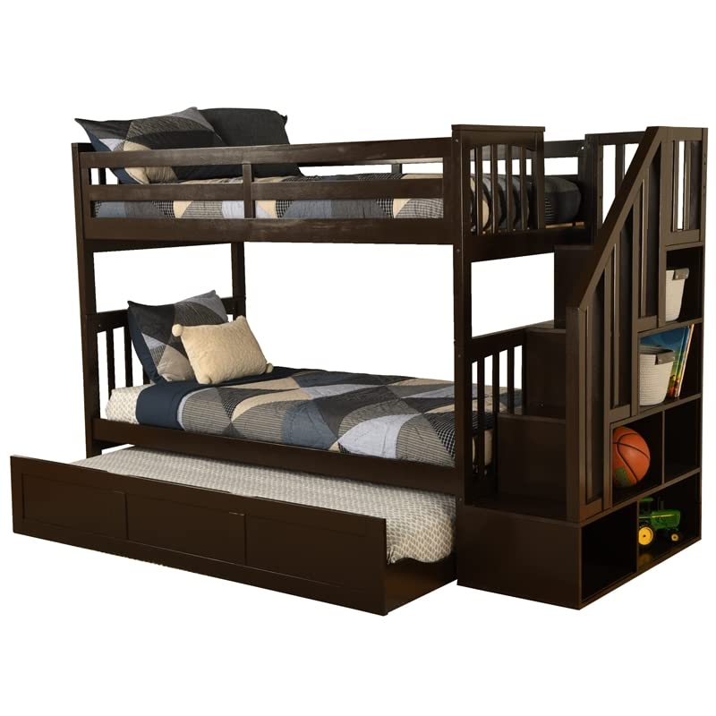 Kodiak Furniture Kelcie Twin/Twin Wood Bunk Bed with Storage and Trundle in Dark Chocolate Brown