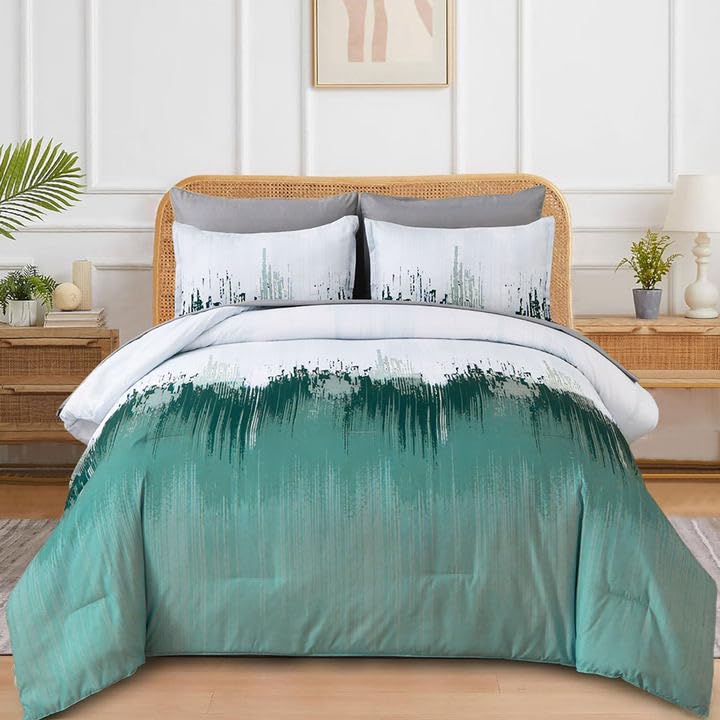 WONGS BEDDING Comforter Set Queen,Aqua 7 Pieces Bed in a Bag Colorful Abstract Art Gradient Comforter Microfiber Bedding Set,1 C