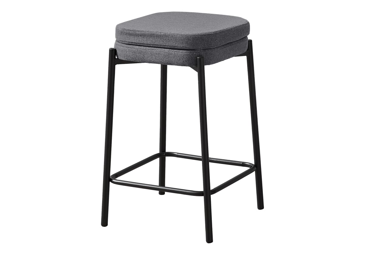 Monarch Specialties I 2226 Barstool, Counter Height, Set of 2, Kitchen, Grey Fabric, Black Metal, Contemporary, Modern
