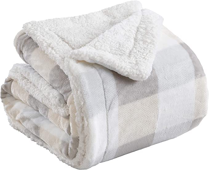 Great Bay Home Sherpa Fleece And Velvet Plush 50'X60' Throw Blanket Taupe & Grey Buffalo Check | Thick Blanket For Fall And Wi