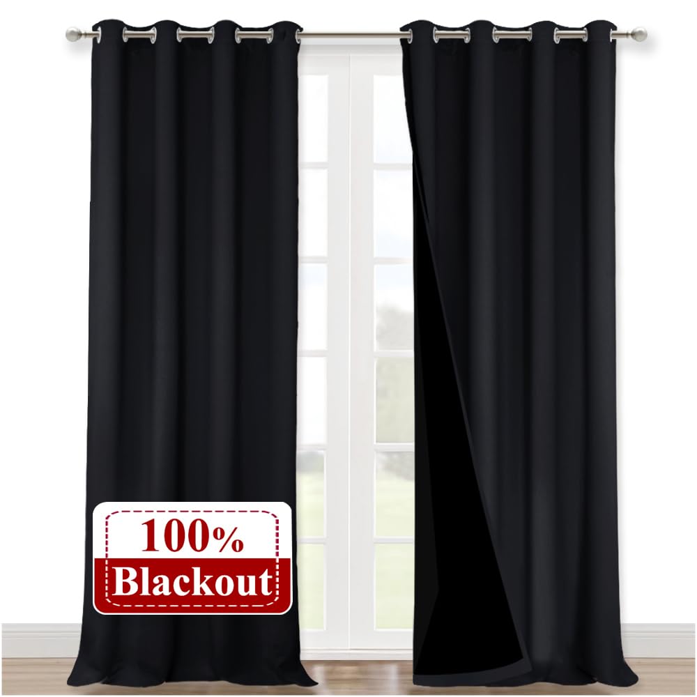 Nicetown Extra Long Truly Blackout Drapes For Hall And Villa, 52-Inch Width Each Panel, 102-Inch Length, Black, 2 Pieces, 100% B
