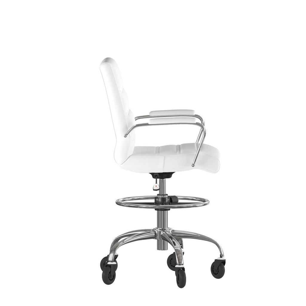 Flash Furniture Lexi Mid-Back Drafting Chair With Adjustable Foot Ring-Leathersoft Upholstery-Chrome Base-Roller Wheels, 24&Quot; Dx21.5 Wx48-40 H, White