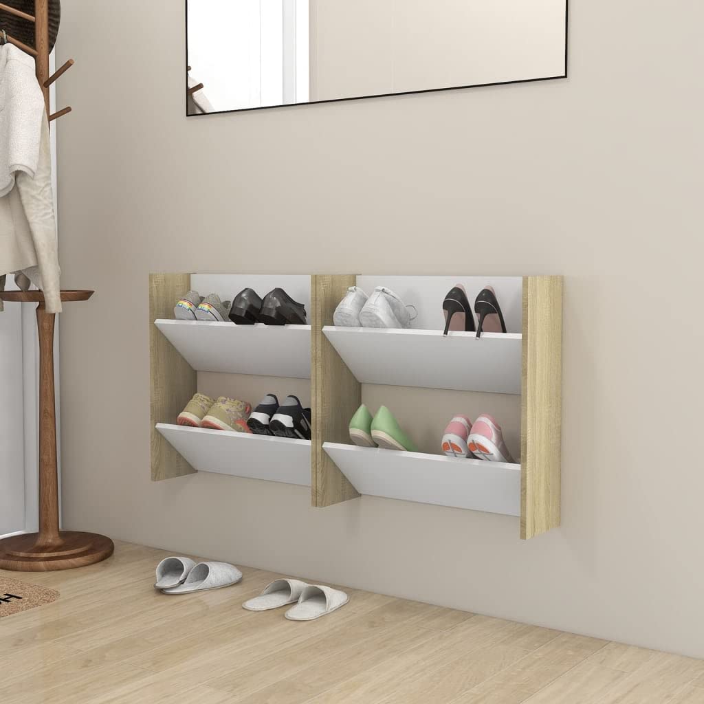 vidaXL Wall Shoe Cabinets 2 pcs White&Sonoma Oak 23.6"x7.1"x23.6" Engineered Wood