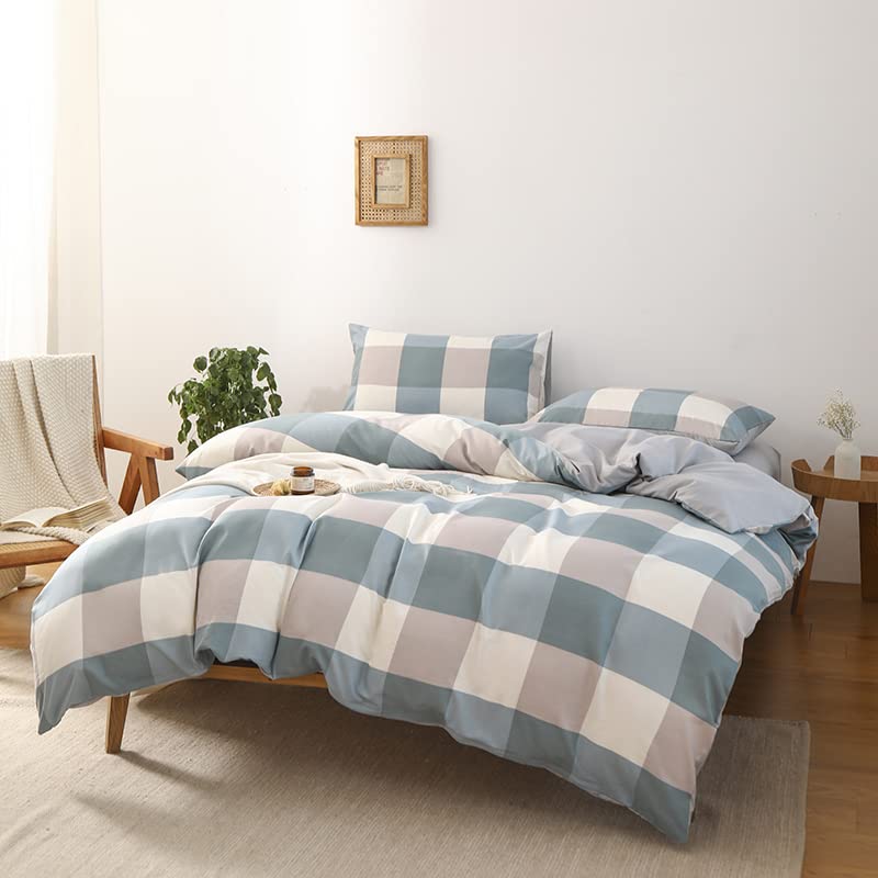 Nsnlgsgc Buffalo Plaid Duvet Cover Set Grayish Blue Twin,Check Simple Geometric Square Pattern Bedding Set,Modern Soft Washed Mi