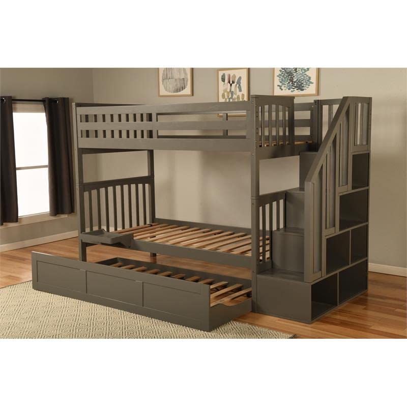 Kodiak Furniture Kelcie Twin/Twin Wood Bunk Bed with Trundle and Tray in Dark Gray