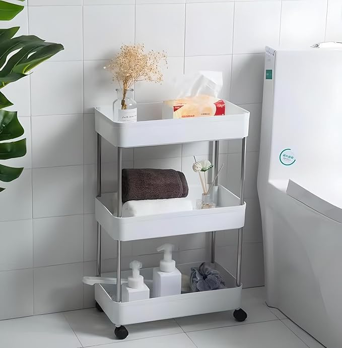 Pulsbery Multipurpose Plastic Trolley With Dish Rack For Kitchen Fruit Vegetable Storage Basket Modern Organizer  3 Layer Stack