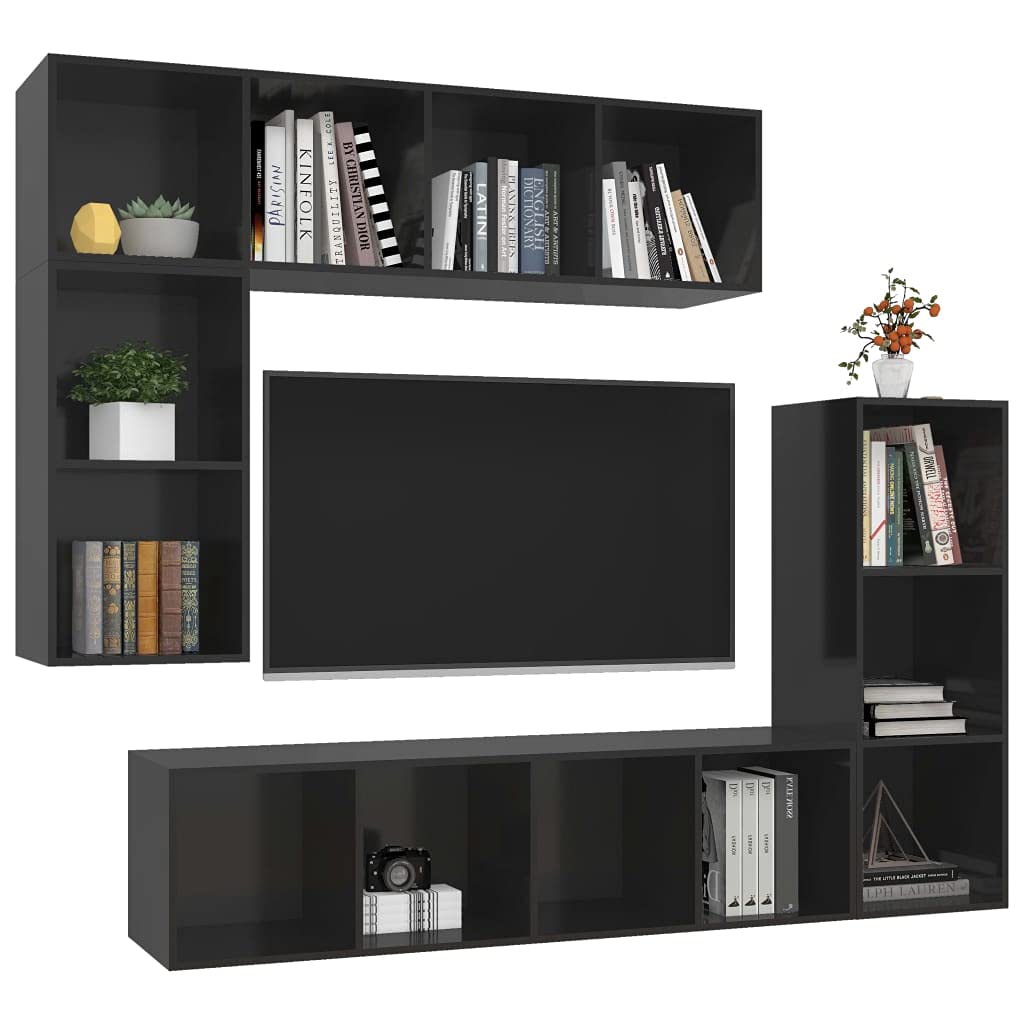 vidaXL TV Stand Set 4 Piece, TV Unit for Living Room, Sideboard, Media Unit Entertainment Center, Modern, High Gloss Black Engineered Wood