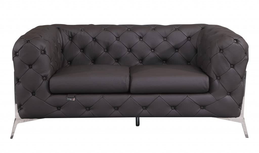 HomeRoots 69' Dark Brown Tufted Italian Leather and Chrome Love Seat