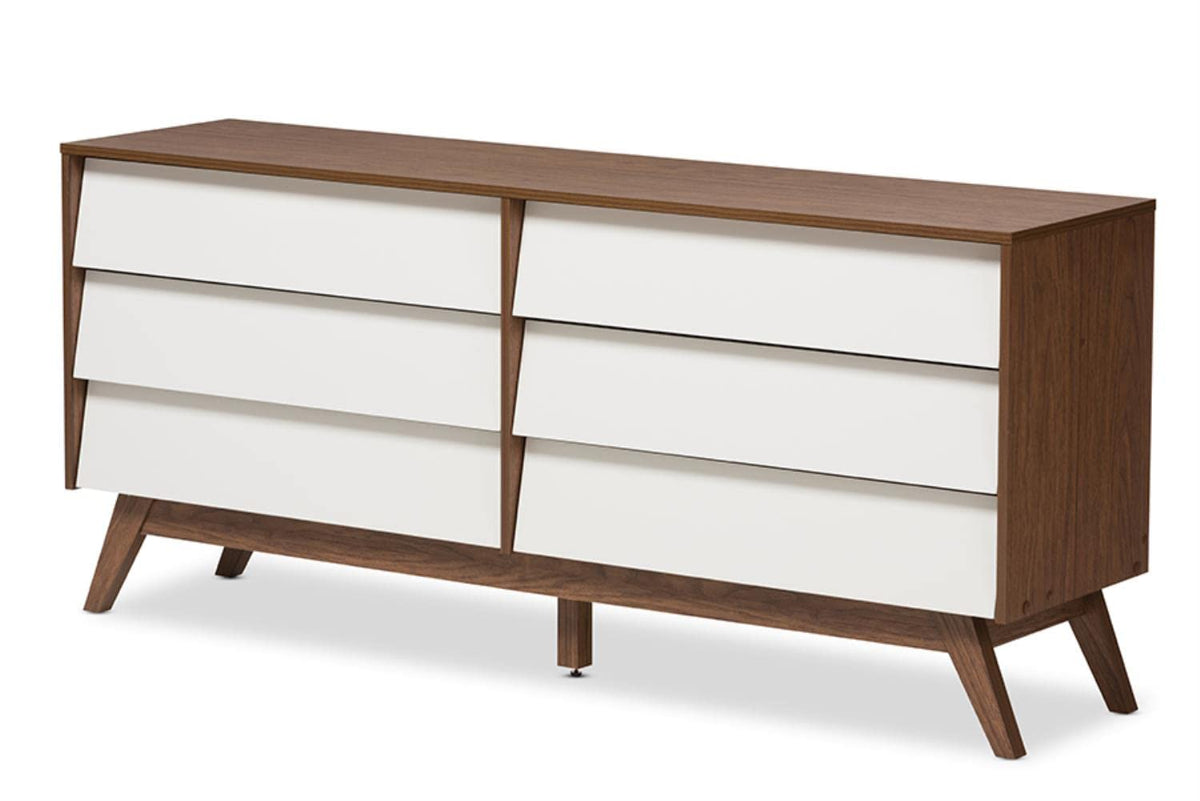 Baxton Studio Hildon Modern 6-Drawer Storage Dresser Mid-Century/Particle Board/MDF with PU Paper/White/Walnut Brown