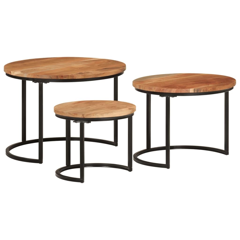 vidaXL Solid Acacia Wood Nesting Coffee Tables - Set of 3, Multifunctional Side Tables with Black Iron Frame, Suitable for Living Room and Office Spaces